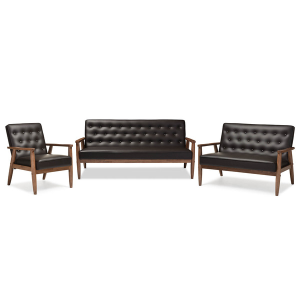 Baxton Studio Sorrento Brown Faux Leather Upholstered Wooden 3 Piece Living room Set 122-6765-6768-6771